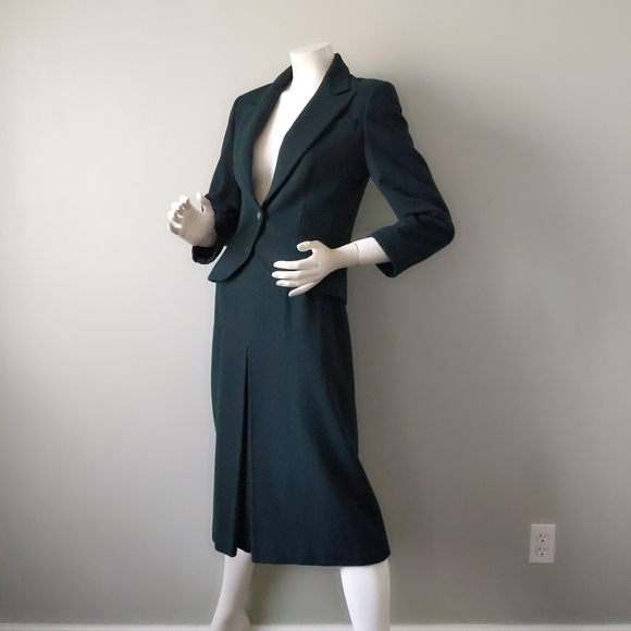 Vintage 70s Dalton Archival Forest Green A Line Wool Camel Hair Skirt Suit Set M - Picture 3 of 9
